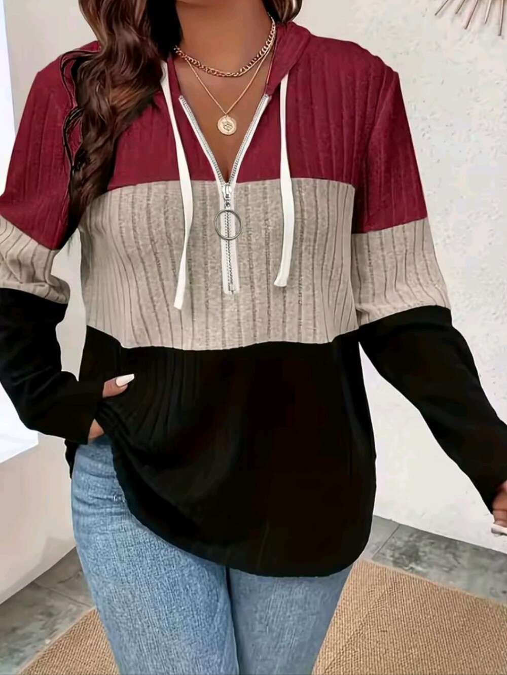 Women's Plus Size Hooded Fashion Knit Ribbed  Cardigan Sweatshirt